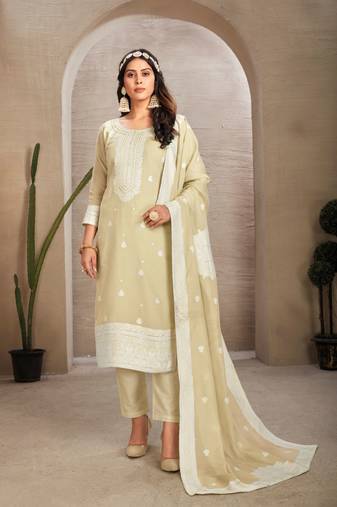 Beige colour organza fabric ethnic resham embroidered festive wear salwar kameez