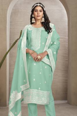 Sea green colour organza fabric ethnic resham embroidered festive wear salwar kameez 1