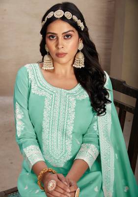 Sea green colour organza fabric ethnic resham embroidered festive wear salwar kameez 2