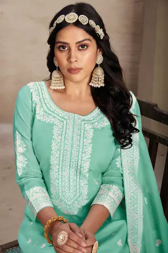 Sea green colour organza fabric ethnic resham embroidered festive wear salwar kameez