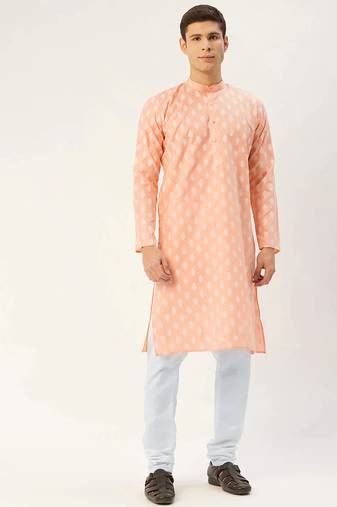 Men peach printed cotton kurta pajama
