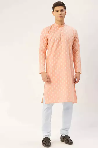 Men peach printed cotton kurta pajama