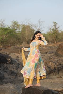  MULTI COLOURED HAND PRINT ANARKALI SUIT SET - 08 3