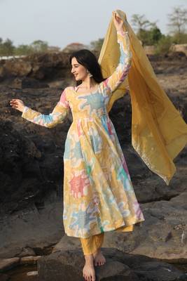  MULTI COLOURED HAND PRINT ANARKALI SUIT SET - 08 5