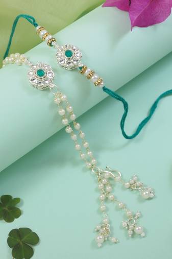I jewels designer kundan pearl hanging bhaiya bhabhi lumba rakhi