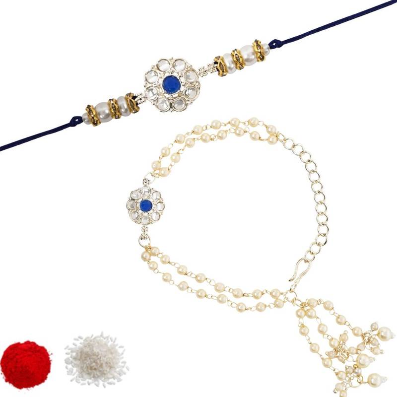 I jewels designer kundan pearl hanging bhaiya bhabhi lumba rakhi