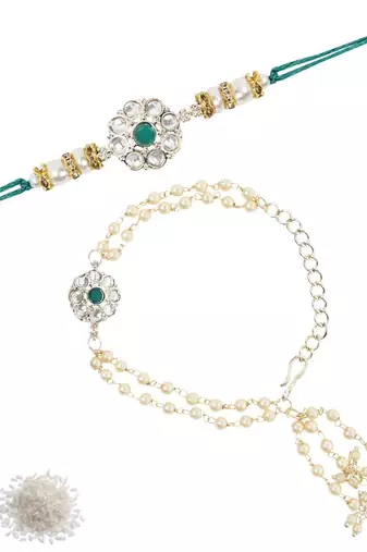 I jewels designer kundan pearl hanging bhaiya bhabhi lumba rakhi
