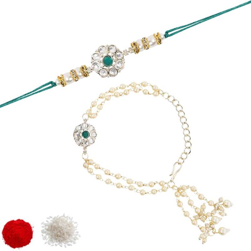 I jewels designer kundan pearl hanging bhaiya bhabhi lumba rakhi