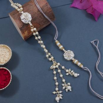 I jewels designer kundan pearl hanging bhaiya bhabhi lumba rakhi 1
