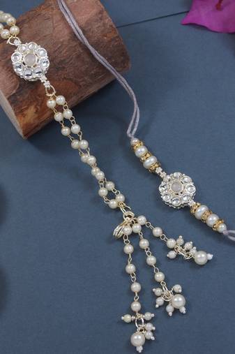 I jewels designer kundan pearl hanging bhaiya bhabhi lumba rakhi