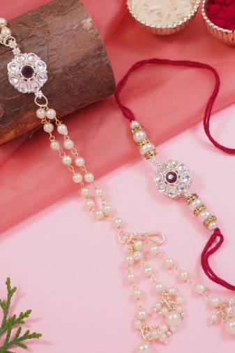 I jewels designer kundan pearl hanging bhaiya bhabhi lumba rakhi