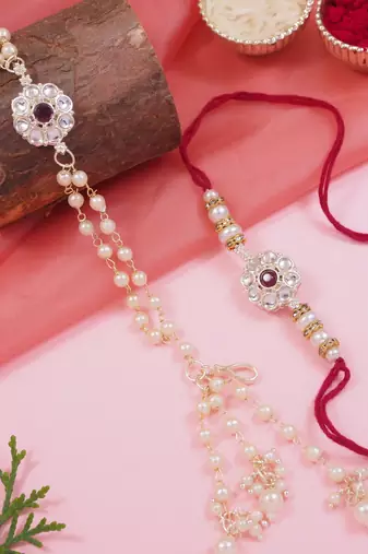 I jewels designer kundan pearl hanging bhaiya bhabhi lumba rakhi