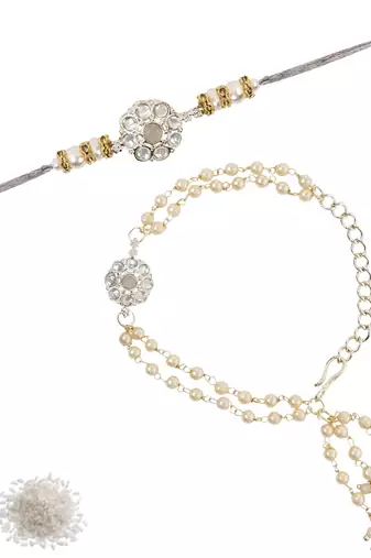 I jewels designer kundan pearl hanging bhaiya bhabhi lumba rakhi