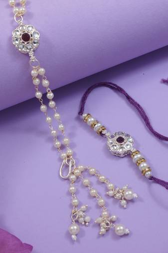 I jewels designer kundan pearl hanging bhaiya bhabhi lumba rakhi