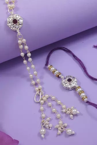 I jewels designer kundan pearl hanging bhaiya bhabhi lumba rakhi