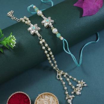 I jewels designer kundan pearl hanging bhaiya bhabhi lumba rakhi 1