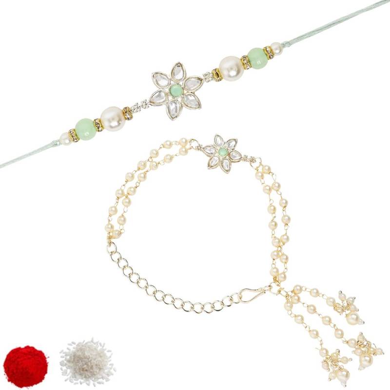 I jewels designer kundan pearl hanging bhaiya bhabhi lumba rakhi