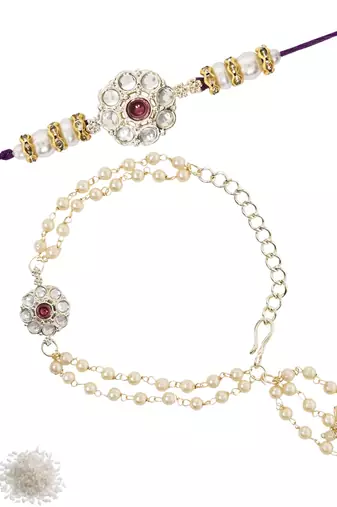 I jewels designer kundan pearl hanging bhaiya bhabhi lumba rakhi