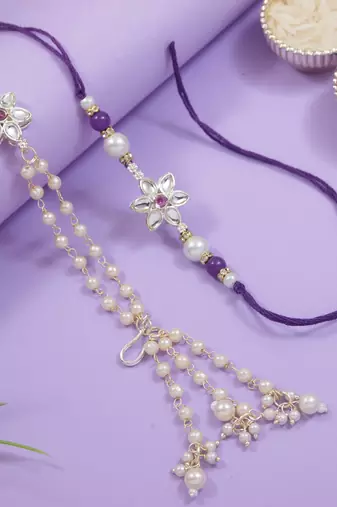 I jewels designer kundan pearl hanging bhaiya bhabhi lumba rakhi