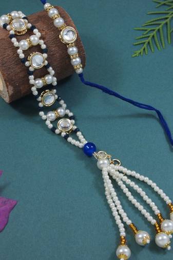I jewels designer kundan pearl hanging bhaiya bhabhi lumba rakhi