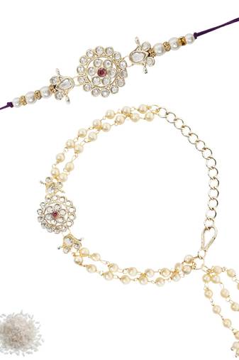 I jewels designer kundan pearl hanging bhaiya bhabhi lumba rakhi