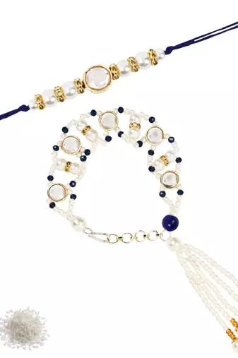I jewels designer kundan pearl hanging bhaiya bhabhi lumba rakhi
