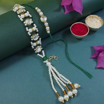 I jewels designer kundan pearl hanging bhaiya bhabhi lumba rakhi 1
