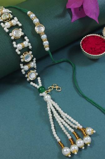 I jewels designer kundan pearl hanging bhaiya bhabhi lumba rakhi
