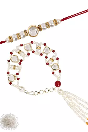 I jewels designer kundan pearl hanging bhaiya bhabhi lumba rakhi