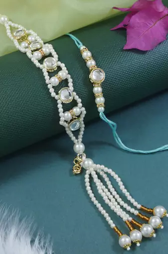 I jewels designer kundan pearl hanging bhaiya bhabhi lumba rakhi