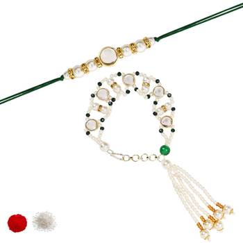 I jewels designer kundan pearl hanging bhaiya bhabhi lumba rakhi 2