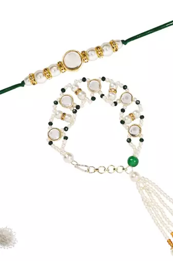 I jewels designer kundan pearl hanging bhaiya bhabhi lumba rakhi