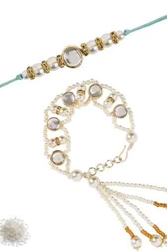 I jewels designer kundan pearl hanging bhaiya bhabhi lumba rakhi
