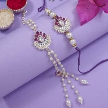 I jewels designer kundan pearl hanging bhaiya bhabhi lumba rakhi bracelet combo set 1