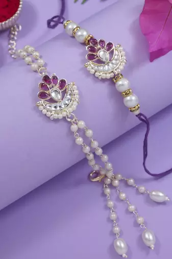 I jewels designer kundan pearl hanging bhaiya bhabhi lumba rakhi bracelet combo set
