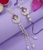 I jewels designer kundan pearl hanging bhaiya bhabhi lumba rakhi bracelet combo set