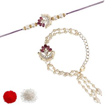 I jewels designer kundan pearl hanging bhaiya bhabhi lumba rakhi bracelet combo set 2
