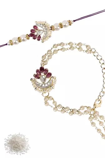 I jewels designer kundan pearl hanging bhaiya bhabhi lumba rakhi bracelet combo set