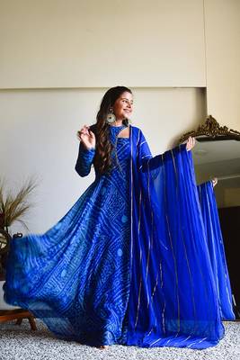 Lapiz Blue Georgette Bandhani Printed Full Sleeve Anarkali Suits 3
