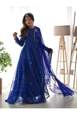 Lapiz Blue Georgette Bandhani Printed Full Sleeve Anarkali Suits 5