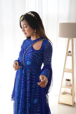 Lapiz Blue Georgette Bandhani Printed Full Sleeve Anarkali Suits 6