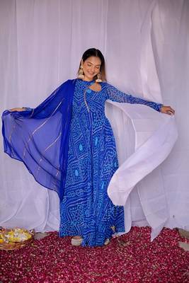 Lapiz Blue Georgette Bandhani Printed Full Sleeve Anarkali Suits 7