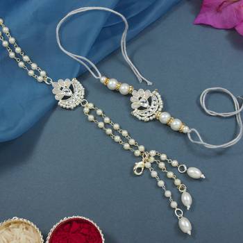I jewels designer kundan pearl hanging bhaiya bhabhi lumba rakhi bracelet combo set 1