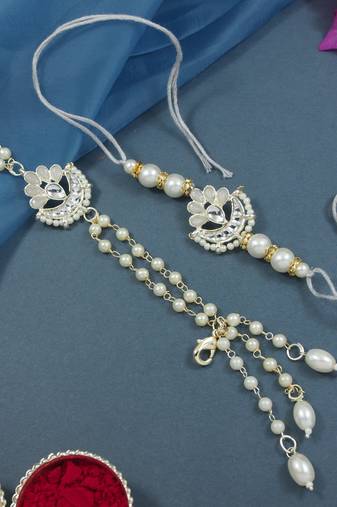 I jewels designer kundan pearl hanging bhaiya bhabhi lumba rakhi bracelet combo set