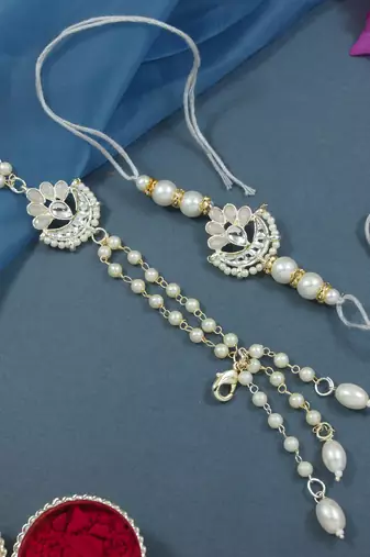 I jewels designer kundan pearl hanging bhaiya bhabhi lumba rakhi bracelet combo set
