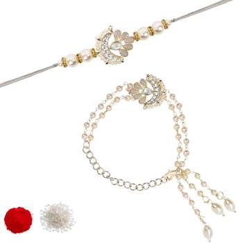 I jewels designer kundan pearl hanging bhaiya bhabhi lumba rakhi bracelet combo set 2