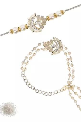 I jewels designer kundan pearl hanging bhaiya bhabhi lumba rakhi bracelet combo set