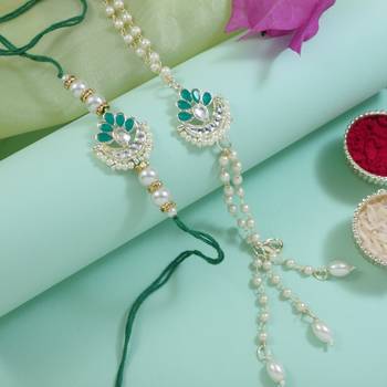 designer kundan pearl hanging bhaiya bhabhi lumba rakhi bracelet combo set 1