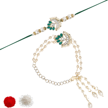 designer kundan pearl hanging bhaiya bhabhi lumba rakhi bracelet combo set 2