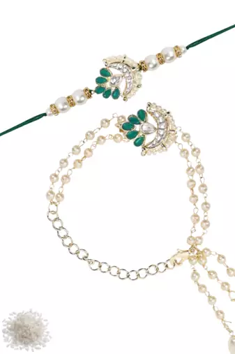 designer kundan pearl hanging bhaiya bhabhi lumba rakhi bracelet combo set